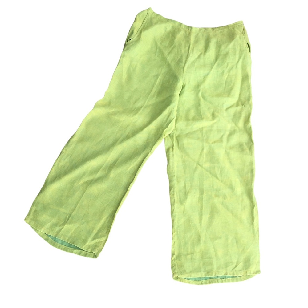 Flax Linen Green Lagenlook Wide Leg Pants Size Lrg.